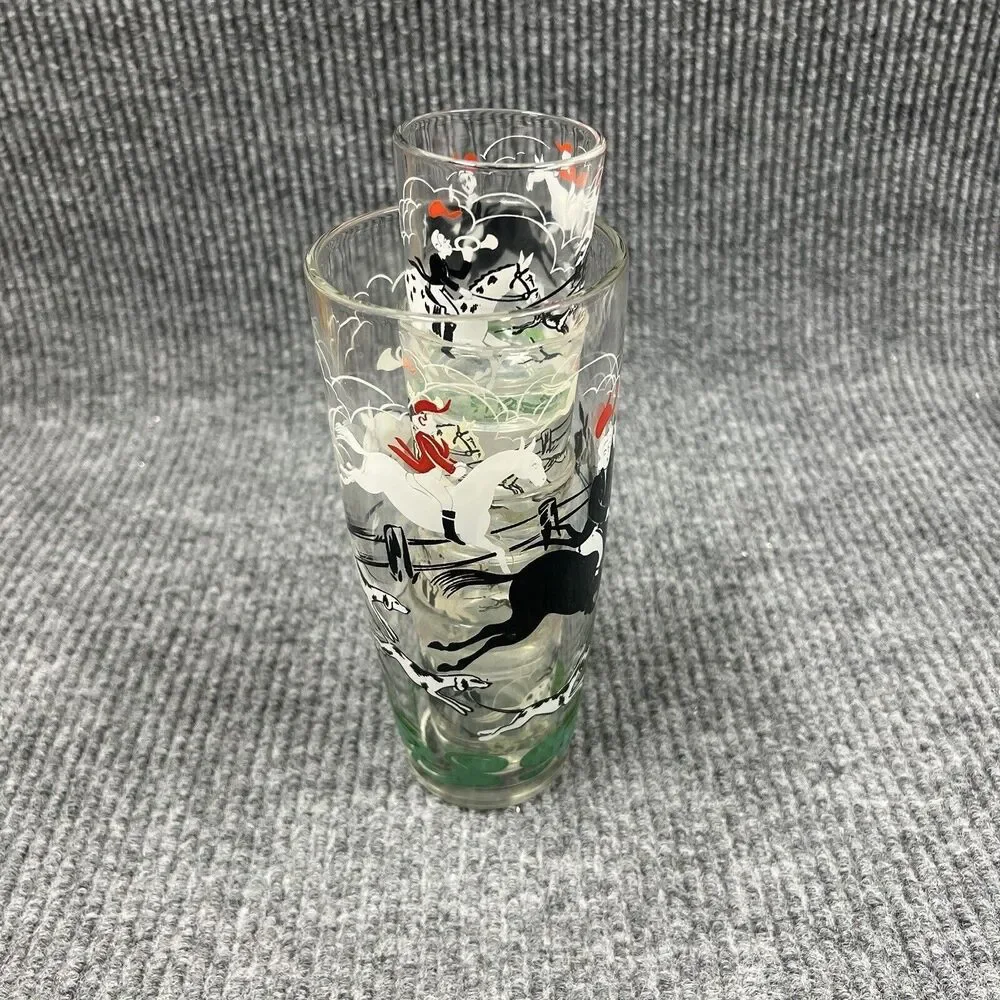VTG HAZEL‎ ATLAS Glass Fox Hunt Tally Ho Cocktail Martini Shaker & Shot Glasses